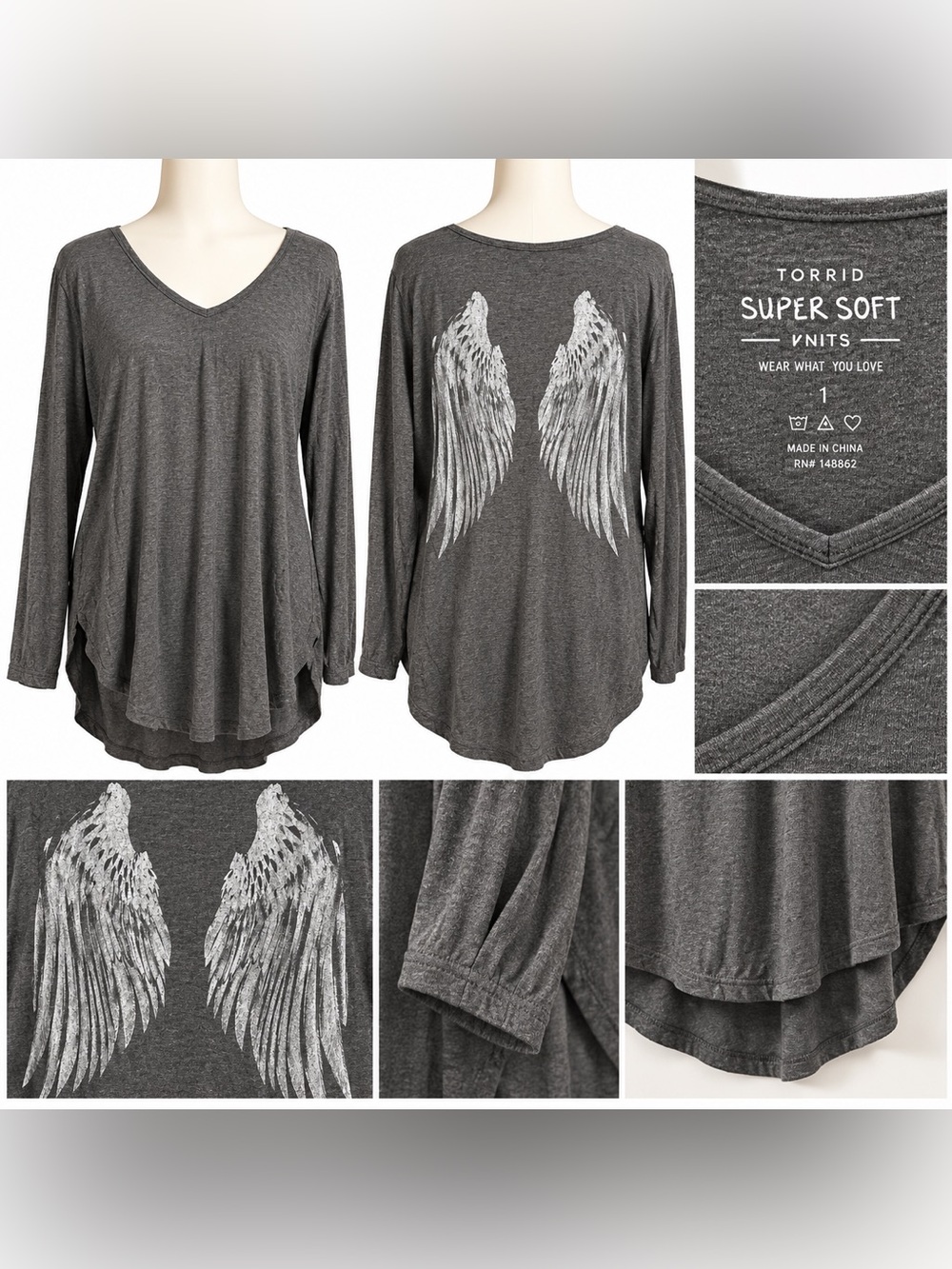 Torrid Super Soft Wings Tunic 1X Gray V Neck Long Sleeve Angel Wing Back
